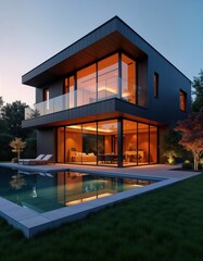 Fototapeta premium Modern cubist house at dusk. Warm interior lighting reflected in pool. Stylish design. Luxurious home with large windows. Tranquil evening atmosphere. Geometric shapes. Elegant exterior. Private