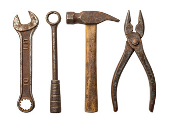 Classic hand tools arranged on a white background