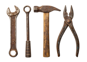 Classic hand tools arranged on a white background