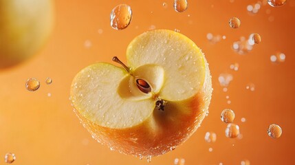 Apple, halved, floating, liquid, splash, orange background, beverage advertisement