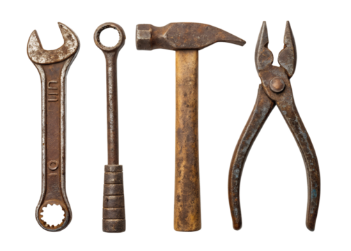 Classic hand tools arranged on a white background