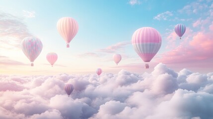 Obraz premium Pastel hot air balloons soar above dreamy cloudscape at sunrise; idyllic travel poster