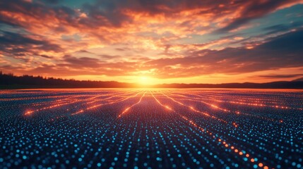 Sunset over field, glowing data streams, futuristic landscape, tech background
