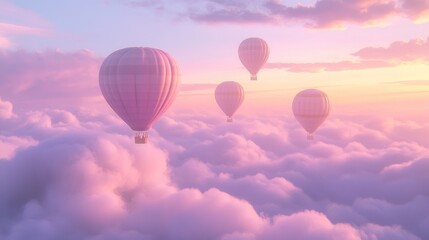 Obraz premium Pink hot air balloons soar above clouds at sunset, peaceful travel advertisement
