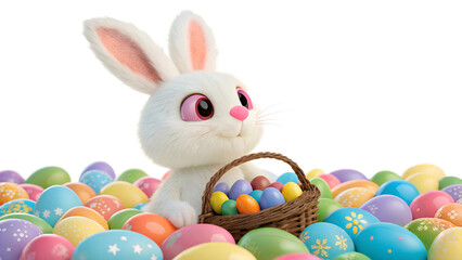 Bunny gathers colorful eggs in spring