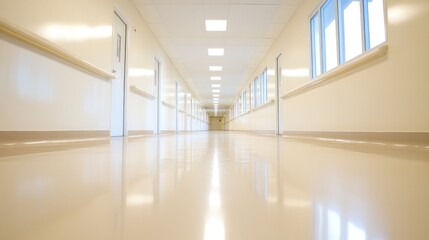 Bright hospital corridor, sterile, doors, windows, calm background, healthcare