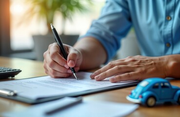 Person signs car purchase documents. Sales agent explains terms of contract. Client reviews car insurance policy. Pro car dealer, client interact. Car contract signing in office environment. Business