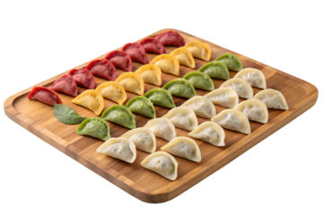 Colorful dumplings arranged on a bamboo tray
