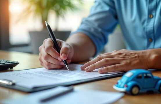 Person signs car purchase documents. Sales agent explains terms of contract. Client reviews car insurance policy. Pro car dealer, client interact. Car contract signing in office environment. Business