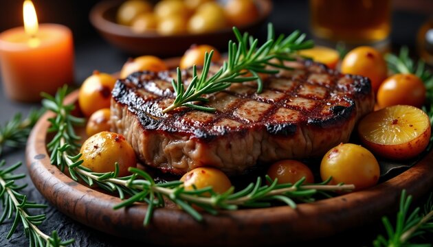 Grilled steak with roasted potatoes, rosemary. Delicious dish served on plate. Perfect for dinner special occasion. Tasty food presentation. Gourmet meal. Grilled meat with vegetables. Perfect for