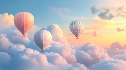Obraz premium Hot air balloons soar above fluffy clouds at sunset, idyllic travel scene
