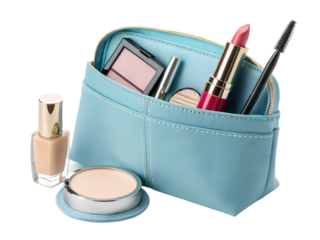 Stylish cosmetic bag filled with beauty essentials