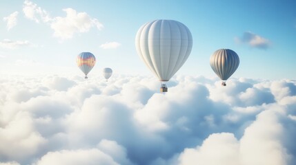 Fototapeta premium Hot air balloons soar above fluffy clouds at sunrise, ideal for travel posters