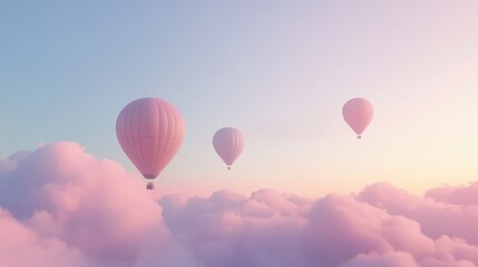 Naklejka premium Pastel hot air balloons soar above dreamy clouds at sunrise, idyllic travel poster