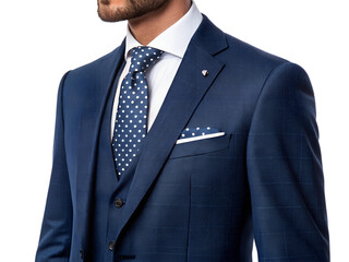 Man in blue suit with polka dot tie