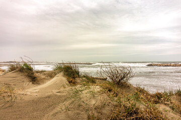 Seaside landscape view at the beach of Saintes Maries des la mer at Camargue, france, in early spring at a stormy day