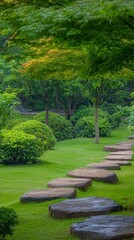 Tranquil Stone Path Through Lush Garden