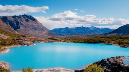 Naklejka premium Tranquil Turquoise Alpine Lake Amidst Rugged Mountains