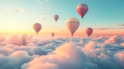 Fototapeta premium Hot air balloons sunrise flight above cloudscape