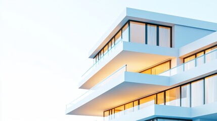 Fototapeta premium modern apartment building facade, detailed windows and balconies, clean architectural lines, dynamic angle, isolated on white background