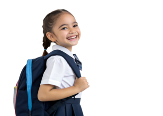 Happy school girl with backpack ready for class
