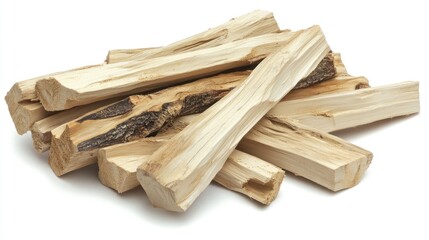 Stacked firewood logs, white background, studio shot, fuel for fireplace