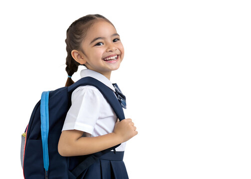Happy school girl with backpack ready for class