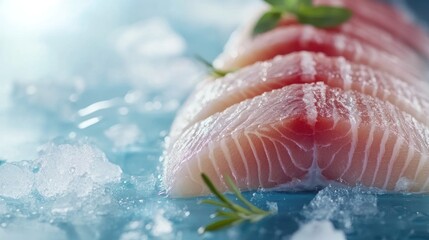 Fresh fish fillets on ice, herbs, blue background, food photography, recipe