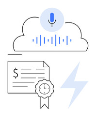Voice transcription in cloud with microphone, certificate-thumbs up document featuring dollar sign and clock, lightning bolt. Ideal for cloud computing, document management, information retrieval © robu_s