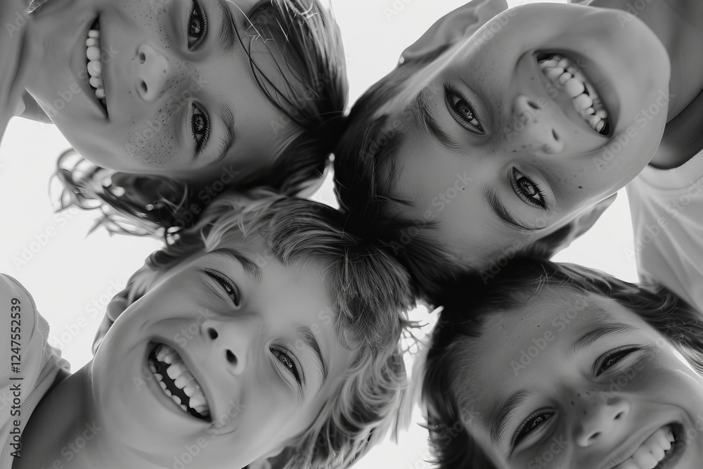 Wall mural Group of children with different emotions on a white background. Black and white.