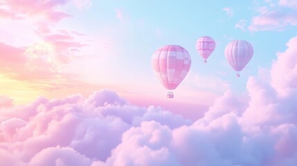 Obraz premium Pastel hot air balloons soaring above dreamy cloudscape at sunset; idyllic travel poster