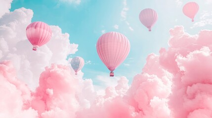 Obraz premium Pink hot air balloons soar above dreamy pastel cloudscape