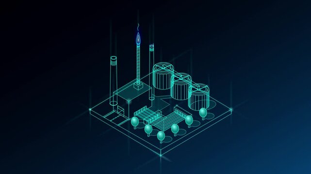 Dark animation / illustration of neon light factory with pipes, chimneys and industrial objects, buildings. Loop video for presentations.