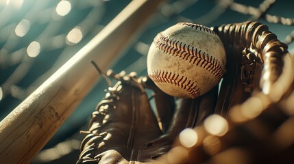 A well-worn bat and glove framed by a classic sports magazine, its retro cover design and muted colors enhancing the nostalgic baseball theme