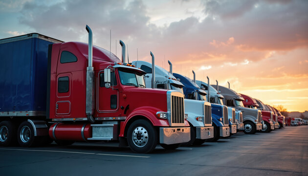 Row of big rigs parked at truck stop. Drivers prepare for morning. Semi trucks loaded. Sunrise over parking lot. Transportation industry. Commercial vehicles. Freight transport. Logistics. Delivery