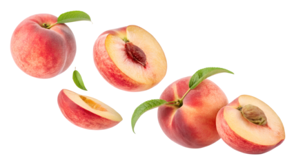 Fresh peaches and slices floating in the air