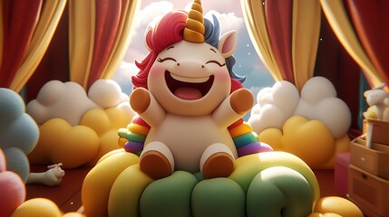 Cheerful cartoon unicorn character sitting on a colorful cloud in a vibrant playroom setting