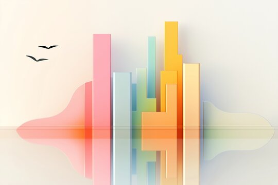 Abstract colorful bar chart with reflective surface and minimalist flying birds illustrating growth, progress, and modern data visualization concepts
