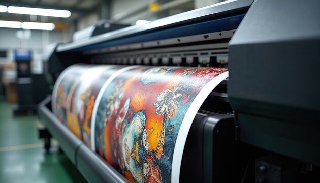 Large format printing machine produces colorful posters. Modern tech equipment prints large media. Industrial production of banners. High-quality graphic arts printing. Colorful image in production