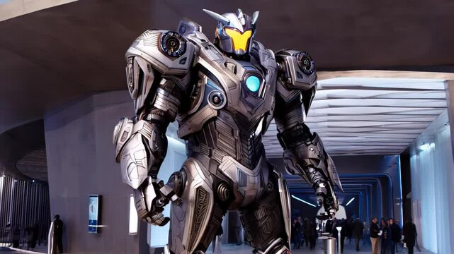 Giant robot displays advanced technology in futuristic urban setting during a tech convention