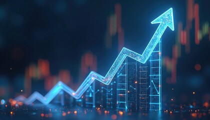 Futuristic graph shows business growth. Progress upward trend. Stock market increase. Economic success. Artificial intelligence. Finance chart. Positive improvement. Success. High achievement. Future