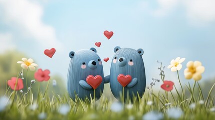 Charming blue cartoon bears holding red hearts surrounded by colorful flowers in a serene outdoor grassy field setting under blue sky