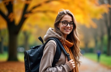 Smiling young female student with backpack, glasses. Autumn park scenery. Casual attire. Happy expression. College student. Education concept. Outdoors activity. Beautiful scenery. Academic