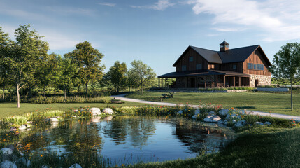 Fototapeta premium serene farm scene featuring rustic barn, tranquil pond, and lush greenery. landscape is dotted with trees and vibrant flowers, creating peaceful rural atmosphere