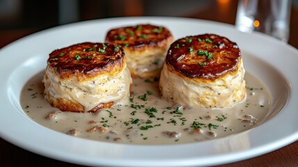 Three golden-brown biscuits in creamy mushroom gravy.