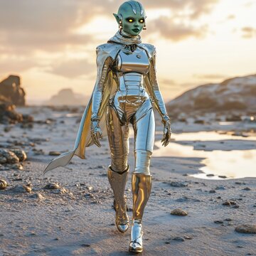 Futuristic female robot walks on a beach at sunset.