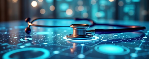 AI powered healthcare system shows personalized treatment plans. Modern tech solutions for health care. Futuristic interface with medical tech concepts. Stethoscope rests on interactive display.