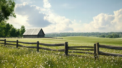 serene farm landscape featuring rustic wooden barn, wooden fence, and lush green fields under bright sky. scene evokes sense of tranquility and natural beauty