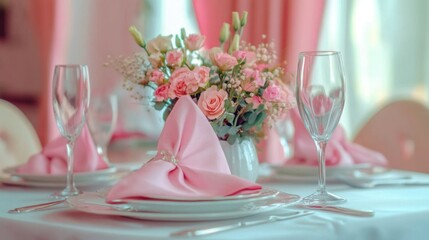 elegant pink wedding table setting with floral centerpiece