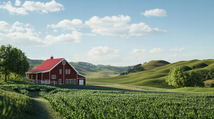 Obraz premium scenic farm landscape featuring red barn, lush green fields, and rolling hills under clear blue sky. peaceful setting evokes sense of tranquility and rural charm